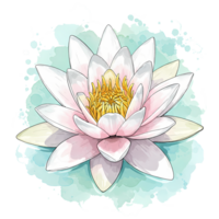 A watercolor painting of a lotus flower with pink and white petals and a yellow center on aqua water on transparent background png