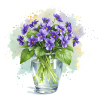 A clear glass vase filled with a bunch of purple flowers and green leaves on a painterly style design on transparent background png