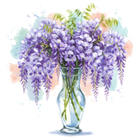 A clear vase filled with purple wisteria flowers with watercolor splashes on a transparent image space on transparent background png