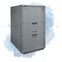 Gray filing cabinet with three drawers, designed for office organization and document storage, a watercolor splash on a transparent background. png