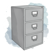 A charming cartoon illustration showcases a three drawer gray filing cabinet against a transparent watercolor splash background, transparent background png