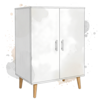 Minimalist style white cabinet with wooden legs, complemented by artistic watercolor splashes on a transparent background for versatile design. png