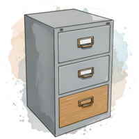 An illustration of a vintage filing cabinet with three drawers, painted in watercolor style against a transparent background. png
