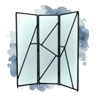 An elegant three-panel folding screen divider with a modern geometric design rests against a black and watercolor backdrop, transparent background png