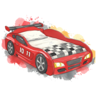 A whimsical car bed illustration showcases a creative kids' room design with race car elements and artistic watercolor splashes, transparent background png