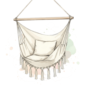 Relaxing boho vibes emanate from this sketched hanging hammock chair with tassels and a comfortable pillow, inviting calm, transparent background png