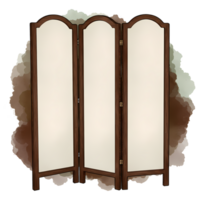 Elegant folding screen with three panels, featuring a classic wood frame and cream-colored inserts, perfect for room decoration or design, transparent background png