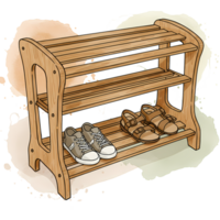Stylish wooden shoe rack holding sneakers and sandals adds organization and charm to any entryway with a clean watercolor design, transparent background png