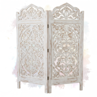 An ornate, handcrafted folding screen adds an elegant touch, showcasing carved floral details and a vintage, distressed white finish against a dark backdrop, transparent background png