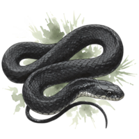 Beautiful coiled black snake illustration with watercolor style splash accents on a transparent background, ready for creative design. png