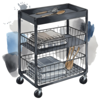 Illustrated black metal rolling cart displays folded towels and wooden utensils against a watercolor textured transparent backdrop, transparent background png