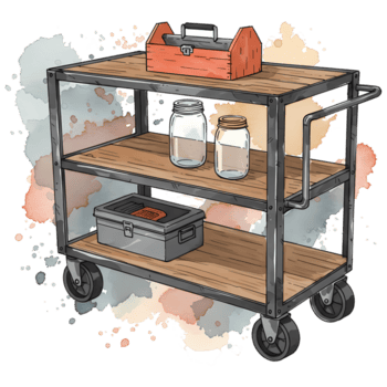 Rustic rolling cart with a toolbox and mason jars sits against a watercolor splatter background, perfect for home organization concepts, transparent background png