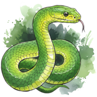 Coiled green snake illustration features vibrant scales and a forked tongue, set against a transparent background with watercolor splashes. png