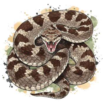 un espressive disegno con un intricatamente dettagliato, arrotolato legname serpente a sonagli impostato contro un' nero fondale con colorato spruzzo elementi, trasparente sfondo png