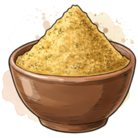 Golden grain in a brown ceramic bowl creates an organic texture and healthy food concept for cooking and baking. png