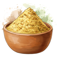 Yellow cornmeal illustration fills a wooden bowl, a staple ingredient used in many baking and cooking recipes. png