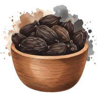 A bowl overflowing with dark cardamom pods, presented in a watercolor style against a transparent background, perfect for culinary themes. png