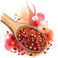 A charming watercolor of chili flakes fills a wooden spoon against a vibrant, artistic splatter background with a transparent design, transparent background png