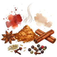 A watercolor illustration showcases an arrangement of culinary spices like cinnamon, star anise, cloves, peppercorns, and powder against a black backdrop, transparent background png