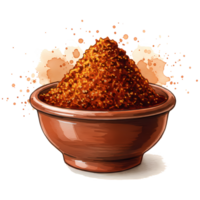 A bowl overflowing with vibrant red chili powder, set against a stark transparent background with artistic watercolor splotches. png