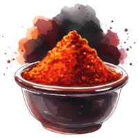 Appetizing bowl of vibrant chili powder, a fiery spice rendered in a watercolor style against a transparent backdrop, transparent background png