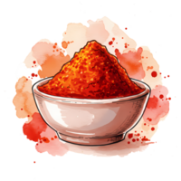 Delicious paprika powder in a white bowl presented with a beautiful watercolor style against transparent background for culinary projects. png