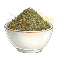 Rosemary herb fills a rustic white bowl, its verdant leaves and earthy hues offering culinary inspiration on a transparent background. png