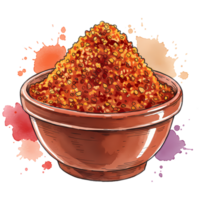 Artistic bowl filled with vibrant red chili flakes presented against a striking transparent background and watercolor accents. png