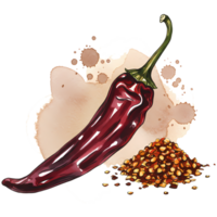 Watercolor art showcases a vibrant red chili pepper alongside flakes, perfect for cuisine and culinary design, the background is transparent, transparent background png