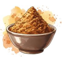 A bowl filled with brown sugar, presented with a watercolor splash effect, is ready to be used in baking and cooking, transparent background png