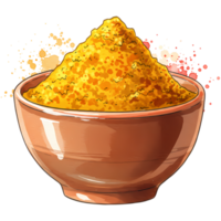 A brimming bowl of vibrant yellow spice powder, possibly curry or turmeric, rendered in a bold, illustrative style against a transparent background. png