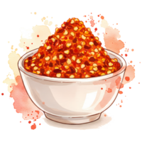 A watercolor style bowl filled with vibrant red chili flakes is presented on a transparent background, ideal for culinary themes. png