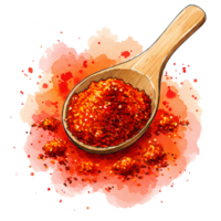 Captivating watercolor shows vibrant red chili flakes in a wooden spoon against a transparent background, perfect for culinary designs. png