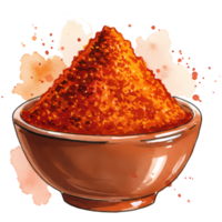 An artistic rendering of a bowl overflowing with vibrant red chili powder against a transparent background with watercolor accents. png