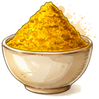 A flavorful mound of vibrant yellow spice fills a ceramic bowl with artful splatters, creating a culinary illustration with transparent background. png