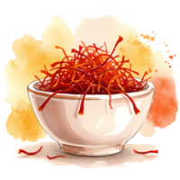 A watercolor style painting displays a bowl filled with vibrant red saffron threads, set against a soft, artistic backdrop, transparent background png