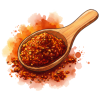 A watercolor rendering shows chili flakes in a wooden spoon against a transparent black backdrop, ideal for culinary designs, transparent background png