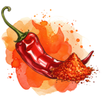 Vivid watercolor painting of a red chili pepper alongside a pile of chili powder, perfect for spice lovers and culinary designs, transparent background png