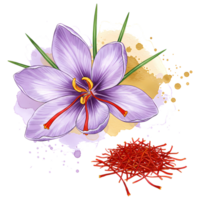 Exquisite saffron flower watercolor style illustration with golden accents and vibrant colors against a transparent background. png