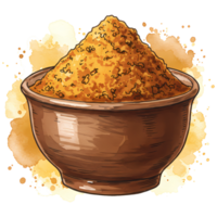 Rustic bowl overflowing with vibrant turmeric powder on a transparent backdrop, creating a warm, earthy tone perfect for culinary creations, transparent background png