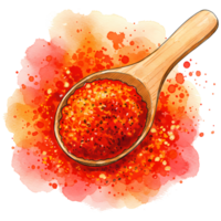 A watercolor painting showcases a wooden spoon filled with vibrant red chili flakes on a transparent transparent background. png