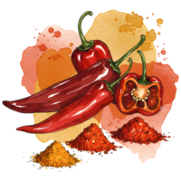Vibrant watercolor painting showcases red chili peppers and paprika, offering a spicy culinary delight on a transparent background. png