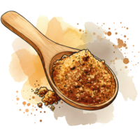 A wooden spoon gracefully holds raw brown sugar against a watercolor splash, showcasing natural sweetness with a rustic charm, transparent background png