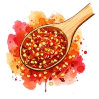 Spicy watercolor art showing a wooden spoon filled with vibrant red chili flakes against a transparent background for a fiery culinary illustration. png