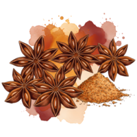 Charming watercolor illustration features aromatic star anise spice and brown sugar, ideal for culinary and festive themes, transparent background png