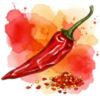 A vibrant watercolor illustration features a red chili pepper with scattered flakes on a transparent backdrop, bringing spicy culinary art to your designs, transparent background png