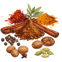 A flavorful assortment of spices, cinnamon, cardamom, nutmeg, peppercorns, and chili powder create an aromatic experience on a transparent background. png