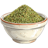 A bowl filled with dried oregano flakes, showcasing the culinary herb's earthy green color and appealing visual texture on transparent background. png