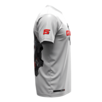 Side view showcases a white tee shirt with futuristic robotic design on the sleeve and bold logo accents, transparent background png