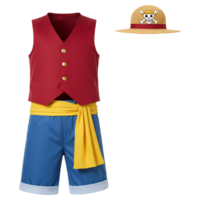 Detailed costume elements showcase a red vest, blue shorts, yellow sash, and iconic straw hat with skull emblem on a transparent background. png